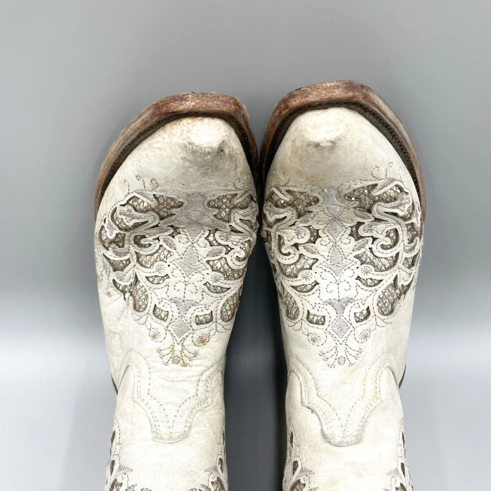 Corral Teens Size 4.5 White Distressed Glitter Inlay Western Boots Cowgirl Boho